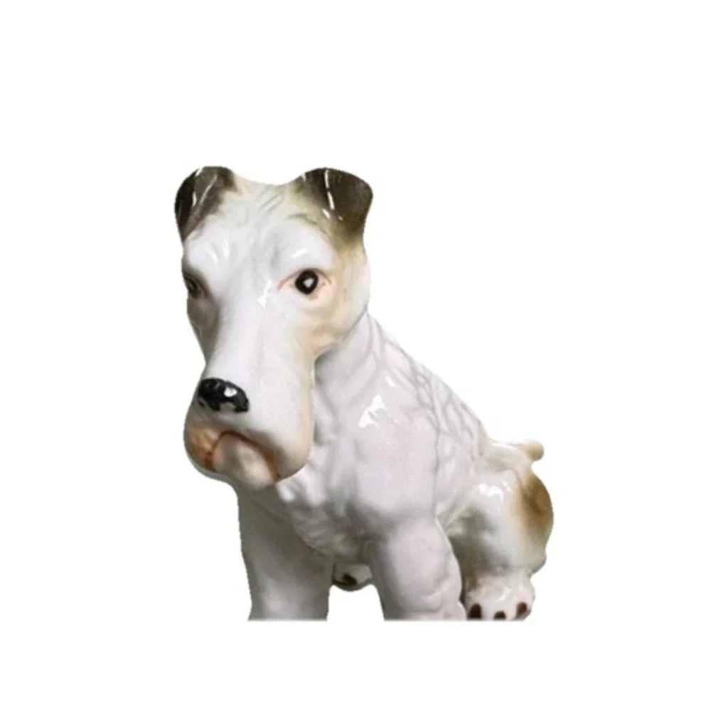 VTG Porcelain Seated Wire Fox Terrier Glossy White w/Tan Accent Perky Alert Pose